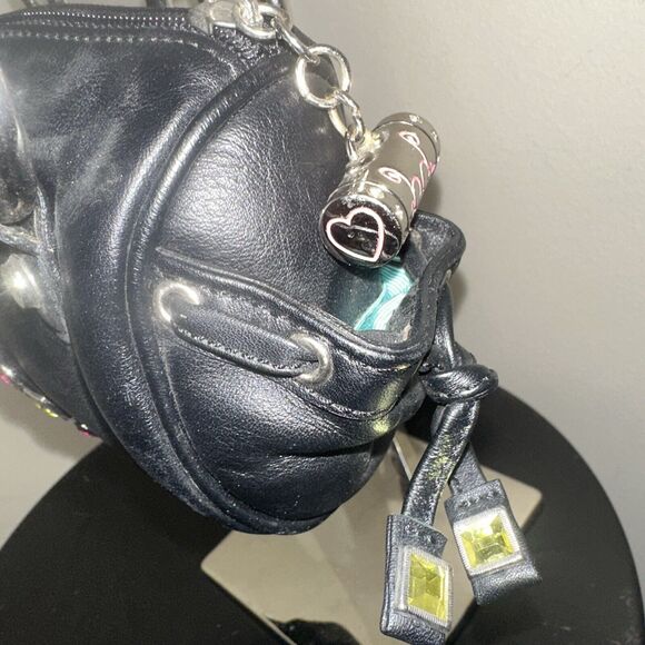 bd Babeed Designer Paris Black Leather Pink Green Rhinestones Hand Bag $395 - Picture 3 of 9